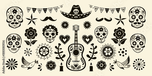 Day of the dead vintage style illustrations with skulls flowers and musical instruments