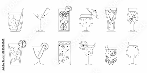 Line art illustration depicting various cocktail and beverage glasses in a row