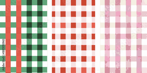 A colorful arrangement of checkered patterns in red green and pink hues