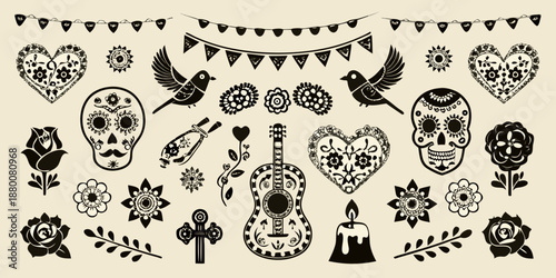 Dia de los muertos decorative elements skulls hearts birds and floral designs