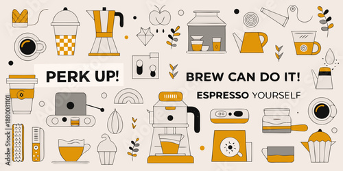 A colorful illustration featuring various coffee makers cups and related elements