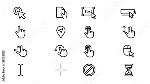 Pointer and cursor line icons. Mouse click arrow. Hand gestures. Web ui ux design. Touch screen tap. Drag and drop. Text select tool. Computer software. Loading hourglass. Navigation.