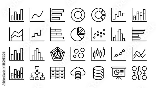 Data visualization line icons set. Business statistics graph and chart symbols. Analytics report diagram elements. Infographic presentation finance market growth. Digital dashboard.
