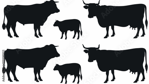 Set of cow silhouettes in various poses on white background