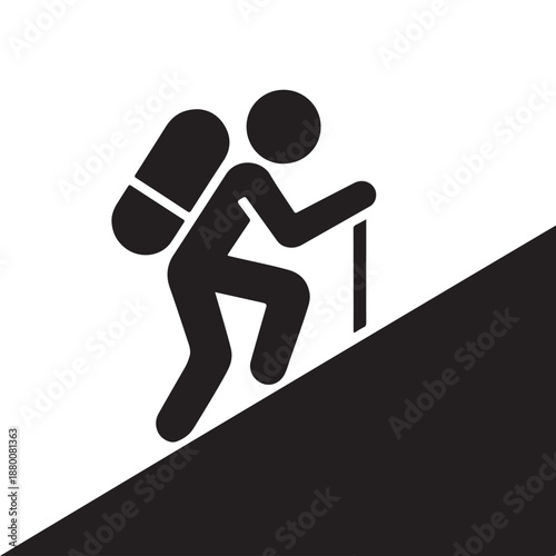 Silhouette of Hiker Climbing Mountain with Backpack and Trekking Pole – Adventure Outdoor Travel Icon.