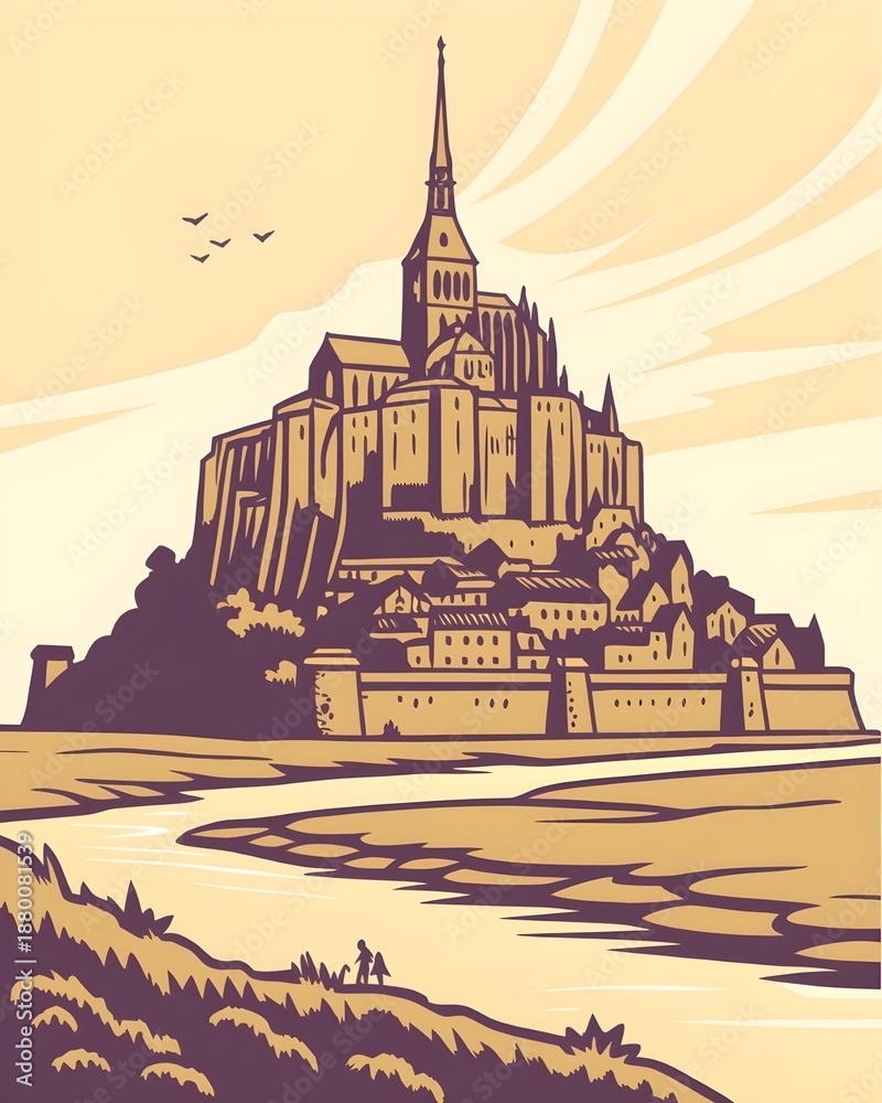 Naklejka premium Mont Saint-Michel Sunrise – Sacred Spiritual Coastal Landscape