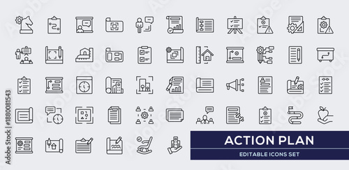Action Plan linear icon set. Minimal linear icons. Act icon collections. It contains symbols to objective, implementation, achieve, schedule, task, act, resources and more.