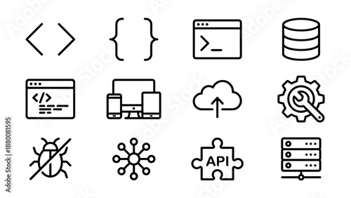 Coding web development line icons. Minimalist vector symbols software programming. Database cloud api server network app. Responsive design. Bug fix. Technology interface outline.