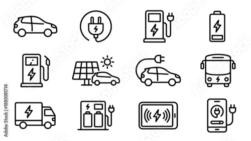 Electric vehicle icons set. EV charging station symbols. Green energy transport. Eco car battery power. Sustainable technology. Plug in automobile. Minimalist line art vector.