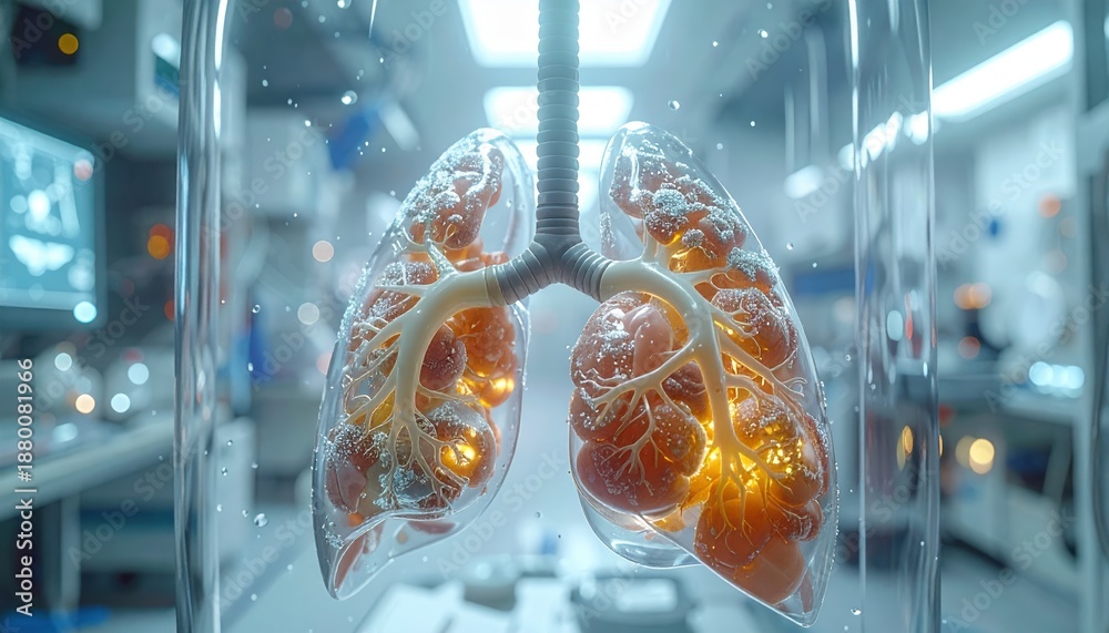 Obraz premium Futuristic Medical Visualization of Human Lungs Inside a Glass Containment Chamber with Glowing Internal Structures in a High-Tech Laboratory Setting