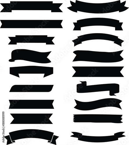 Ribbon banner icon set with flat style labels, decorative award ribbons and badge banners in black color, graphic element vector illustration collection group