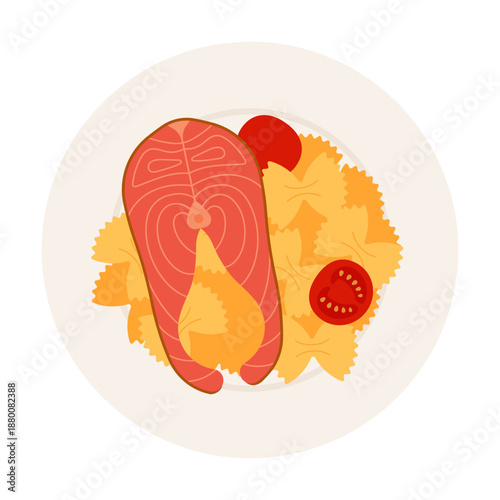 Steak with Italian farfalle pasta on plate. Meat and pasta dish top view. Simplicity vector illustration, isolated.