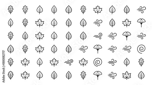 Autumn leaves and wind line icons collection vector set. Minimalistic outline style foliage symbols. Simple stroke oak maple leaf nature elements. Seasonal weather breeze blowing.