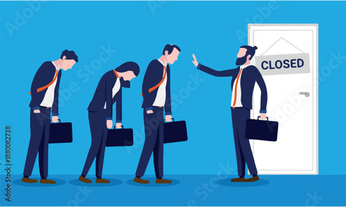 Closed businesses and unemployment - Businessman holding back people looking for work. No jobs available concept. Vector illustration.