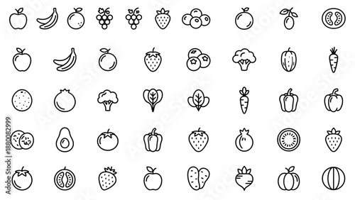 Vector set of healthy fruits and vegetables line icons. Minimalistic organic food collection. Fresh diet symbols. Outline grocery market elements. Apple banana carrot vegan vegetarian.