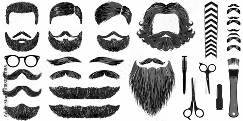 Collection of various beard styles mustaches and barber tools on white background