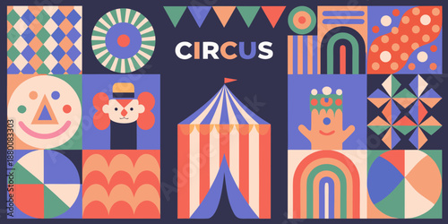 Colorful circus poster with geometric shapes and classic circus imagery