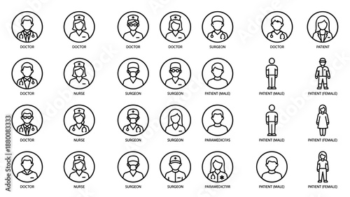 Medical staff line icons set. Doctor nurse surgeon avatars. Healthcare professional characters. Hospital team profiles. Patient physician minimalist outline symbols. Clinic icon.