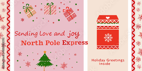 christmas card with presents tree and north pole express message