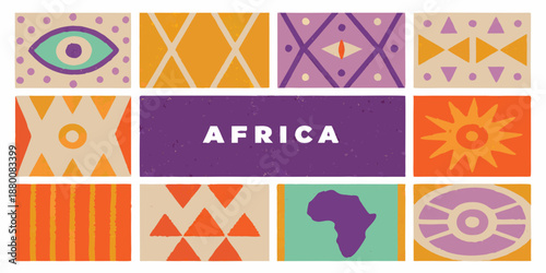 Colorful patterned squares surrounding the continent of africa with bold designs