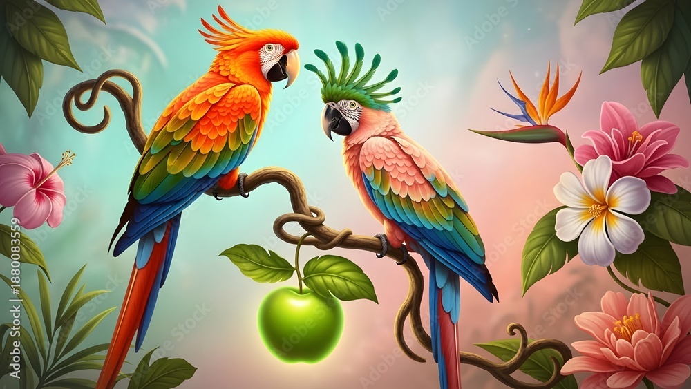 Obraz premium Two colorful parrots perched on a branch with flowers and fruit