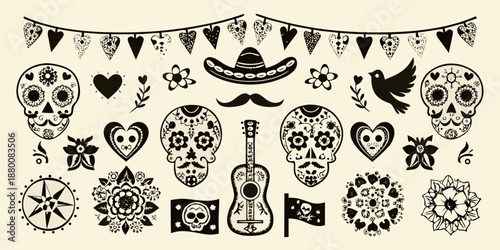 Day of the dead decorative elements skulls flowers and traditional mexican symbols
