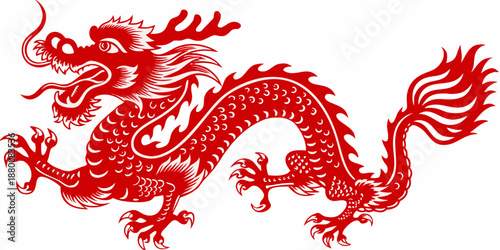 a red dragon on a white background is shown in a powerful stance