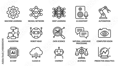 Artificial intelligence icons. Machine learning. Neural network. Deep learning. Automation robot. Data science algorithm. AI chip. Chatbot. Computer vision. Smart tech vector set.