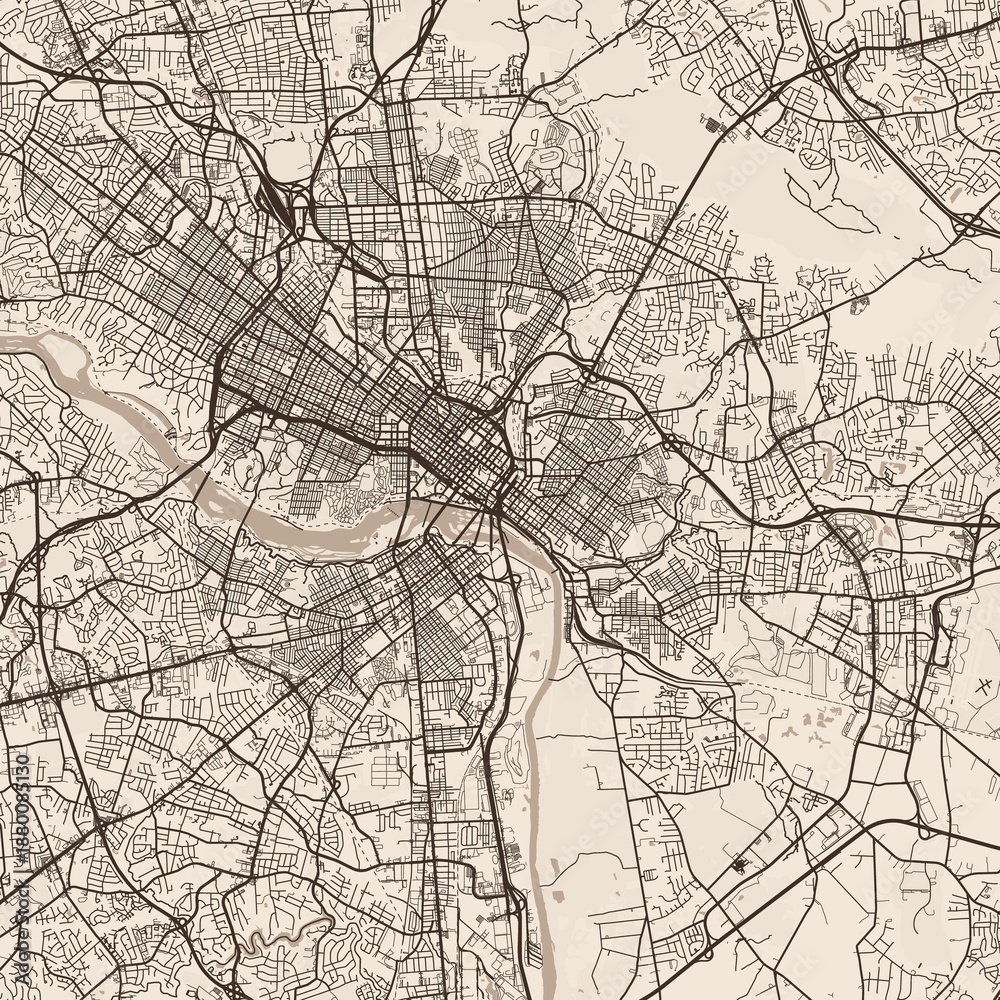 Fototapeta premium Richmond City Map discover intricate details within this sepia tinted high resolution raster image highlighting structured urban grids and refined linework, emphasizing refined linework.