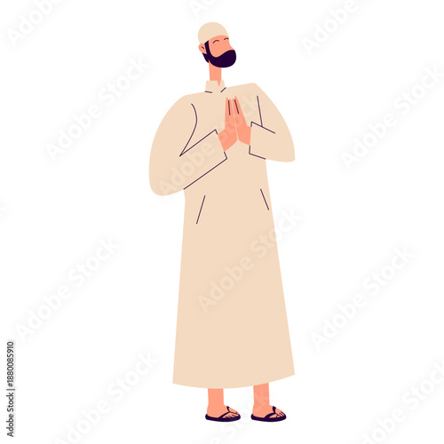 Flat Illustration Vector of Devout Muslim Man in Prayer Position