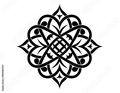 Symmetrical Celtic knot mandala design featuring intricate black interlocking lines and circular geometric patterns isolated on a white background for traditional decorative use.