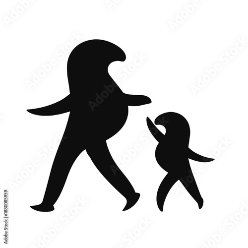 Parent and Child Walking Silhouette Icon in Minimal Black Style Representing Family Bond, Care, Parenthood, and Everyday Lifestyle Scene