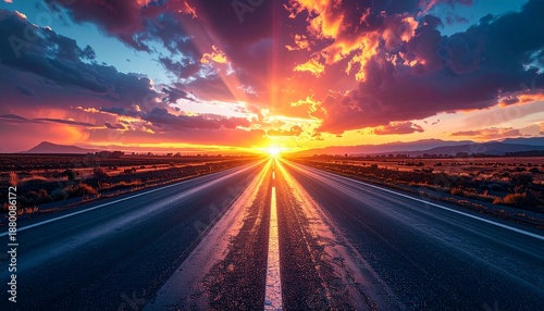 朝日に向かって伸びる一直線の道路と地平線の風景。Straight Road Leading to the Horizon at Sunrise.