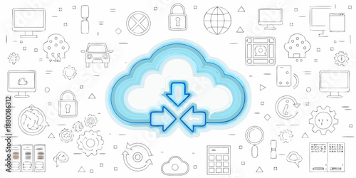 Cloud computing illustration featuring data transfer and digital security icons
