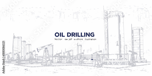Oil drilling rig infrastructure and machinery in a sketched blueprint style