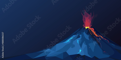 A low poly illustration depicts a volcanic eruption at night