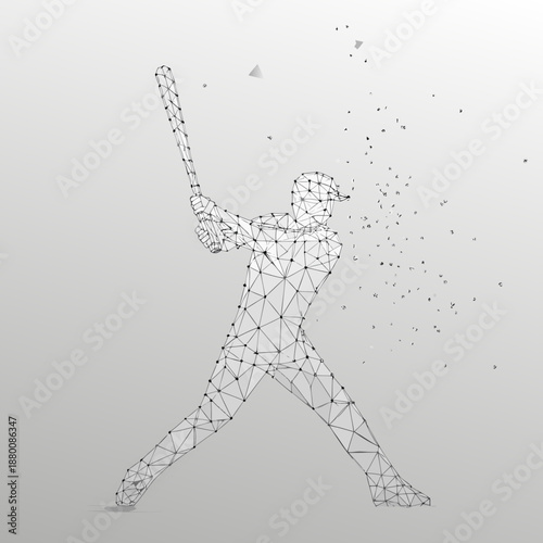 Polygonal baseball player swinging a bat digital art illustration in monochrome