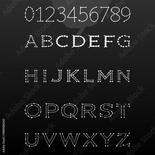 A digital font display showcasing letters numbers and a dotted aesthetic