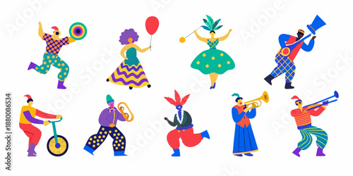 A vibrant collection of colorful circus performers and musicians in action