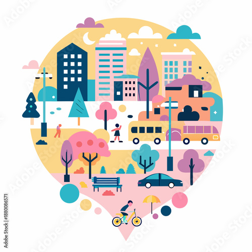 Colorful cityscape illustration within a heart shape showcasing urban life and nature