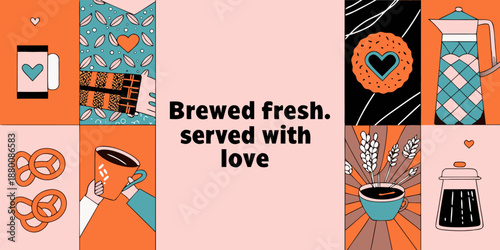 Colorful illustration featuring coffee hearts and baked goods in a modern style