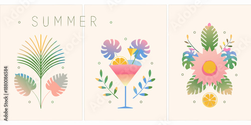 Tropical summer themed illustrations with palm leaves flowers and a cocktail
