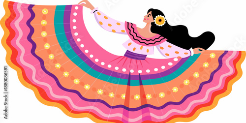 A vibrant illustration of a woman in traditional colorful folk dress dancing
