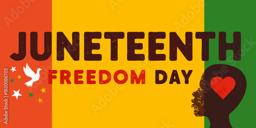 Juneteenth freedom day graphic with birds a heart and a silhouette