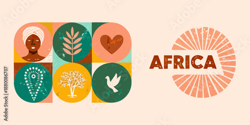 Colorful illustration depicting african motifs with portraits flora and the word africa