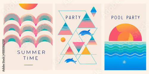 Abstract summer themed designs with geometric shapes and vibrant color palettes