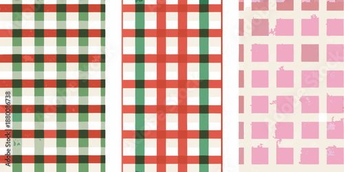 Three vertical plaid patterns side by side in different colors and textures