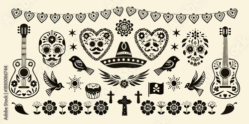 Day of the dead celebration guitars skulls hearts and festive decorations