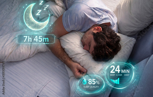 Man sleeping in bed with holographic sleep tracking interface