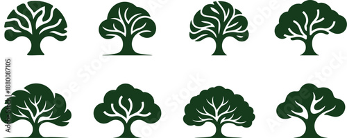 Set of detailed tree icon in the style of a logo, featuring thick trunks, against a white background. 